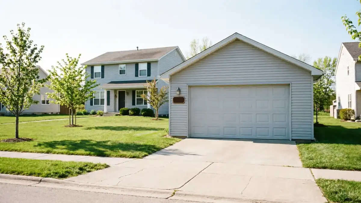 A white garage door is on a light gray house with a green lawn.