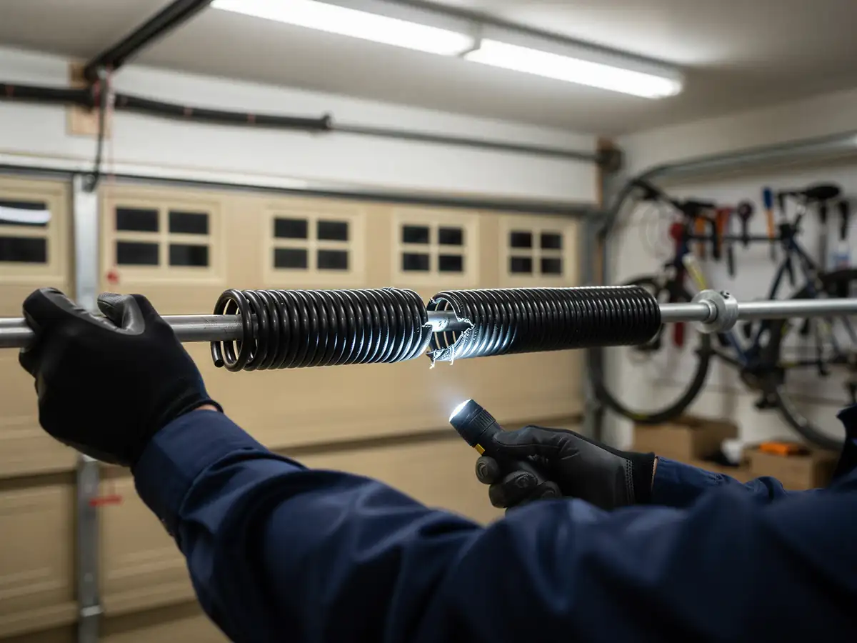 A technician inspects a broken garage door torsion spring with a flashlight.