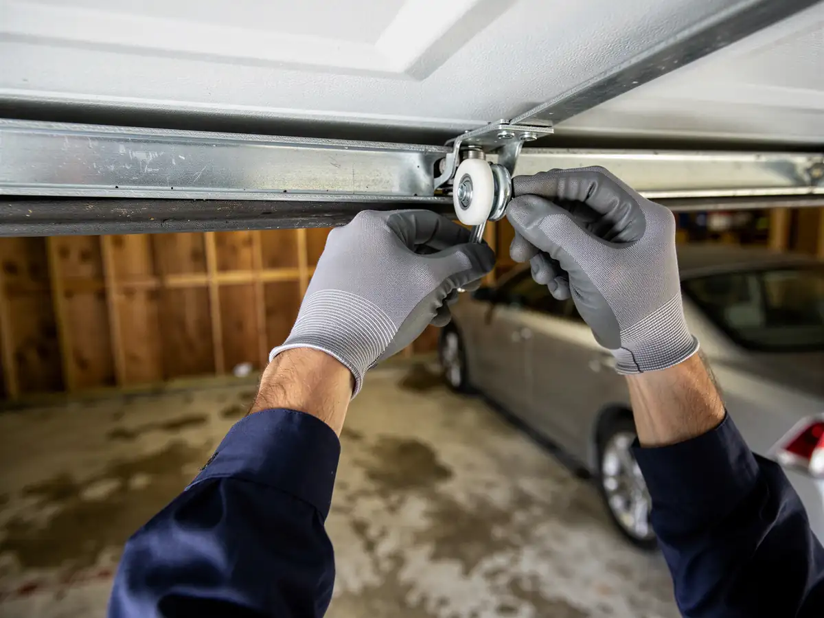 A technician in gloves is installing a new roller on a garage door.