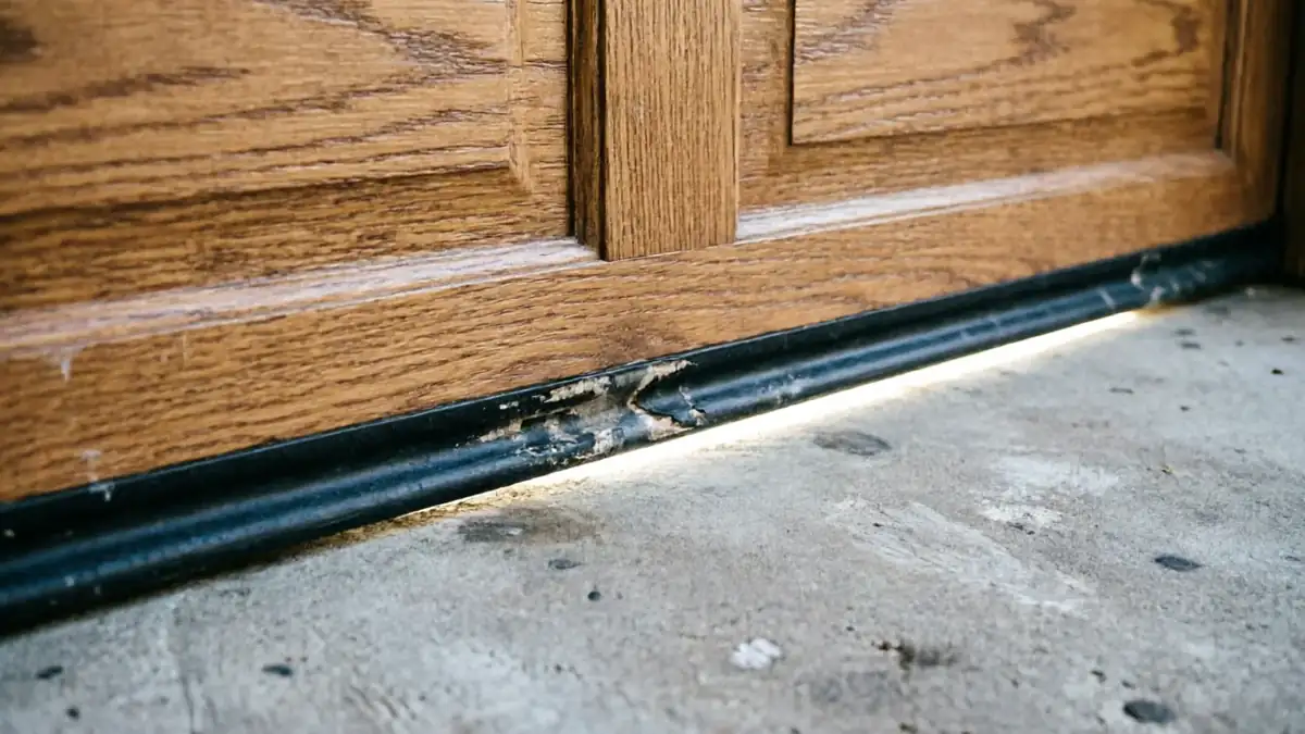 The garage door bottom seal is damaged, letting light shine through.