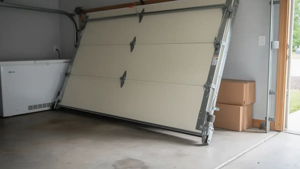 A beige garage door is off its tracks and leaning against a white freezer.