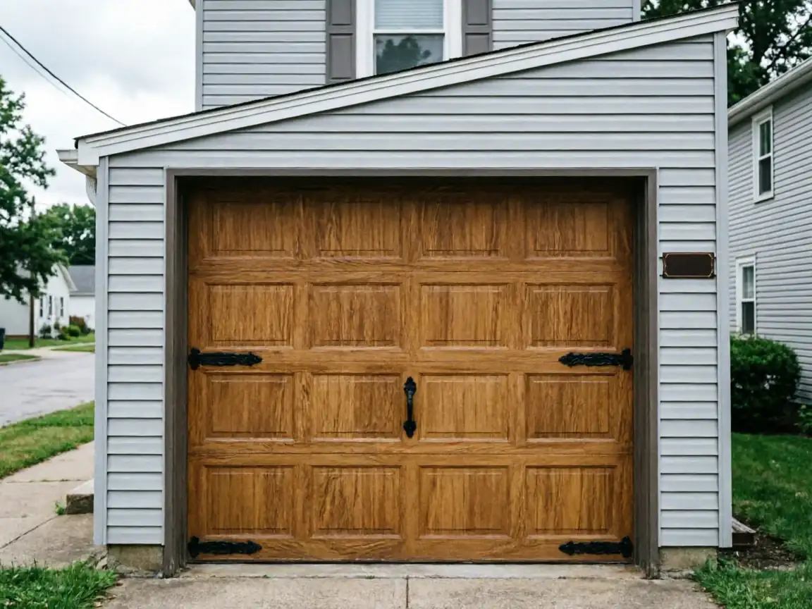 The garage door is brown with black decorative hardware on a gray house.